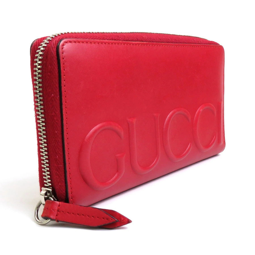 Gucci Leather Silver Red Wallet Long Round Zip Silver Red
